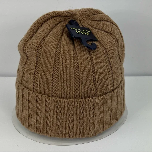 POLO RALPH LAUREN, LIGHT BROWN BEANIE, ONE SIZE FITS, 50% WOOL 50% NYLON, UNISEX - Picture 4 of 17